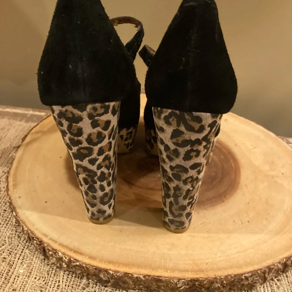 Lucky Brand Neece Womens 8M Black Peep Toe Suede Platform‎ Hi Heels Leopa…